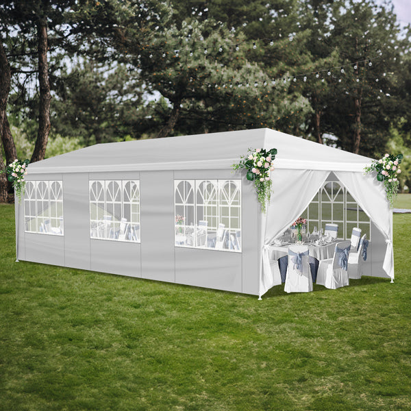 Tente de réception blanche 10'x30' avec 8 parois latérales amovibles, en tissu PE et structure en fer, gazebo d'extérieur imperméable avec fenêtres pour mariages, événements en plein air, abri de patio