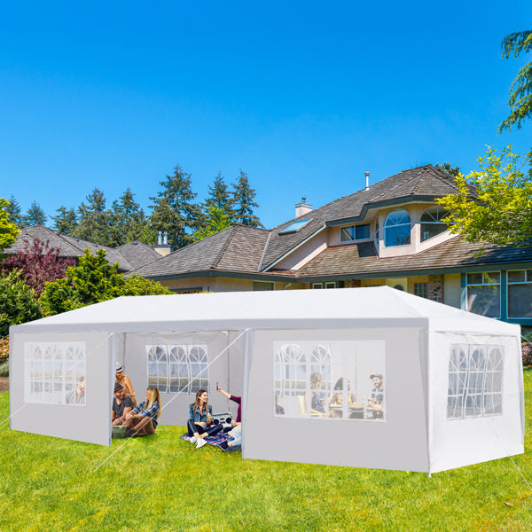 Tente de réception blanche 10'x30' avec 7 parois latérales amovibles, en tissu PE et structure en fer, abri de jardin imperméable avec fenêtres pour mariages, événements en extérieur, patios, ou comme abri commercial.