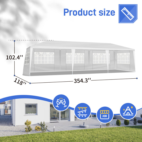Tente de réception blanche 10'x30' avec 8 parois latérales amovibles, en tissu PE et structure en fer, gazebo d'extérieur imperméable avec fenêtres pour mariages, événements en plein air, abri de patio