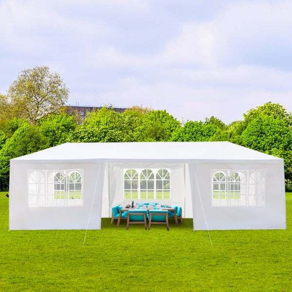 Tente de réception blanche 10'x30' avec 7 parois latérales amovibles, en tissu PE et structure en fer, abri de jardin imperméable avec fenêtres pour mariages, événements en extérieur, patios, ou comme abri commercial.