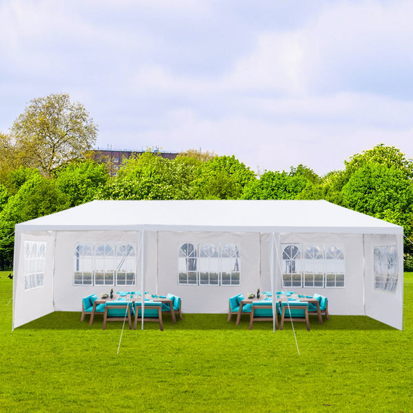 Tente de réception extérieure 10'x30', auvent imperméable avec 5 parois latérales amovibles et fenêtres de style église, grand gazebo pour mariage, anniversaire, barbecue en plein air, blanc