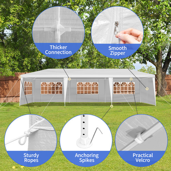 Tente de réception blanche 10'x30' avec 8 parois latérales amovibles, en tissu PE et structure en fer, gazebo d'extérieur imperméable avec fenêtres pour mariages, événements en plein air, abri de patio