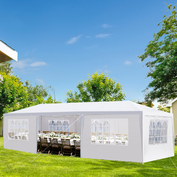 Tente de réception blanche 10'x30' avec 7 parois latérales amovibles, en tissu PE et structure en fer, abri de jardin imperméable avec fenêtres pour mariages, événements en extérieur, patios, ou comme abri commercial.