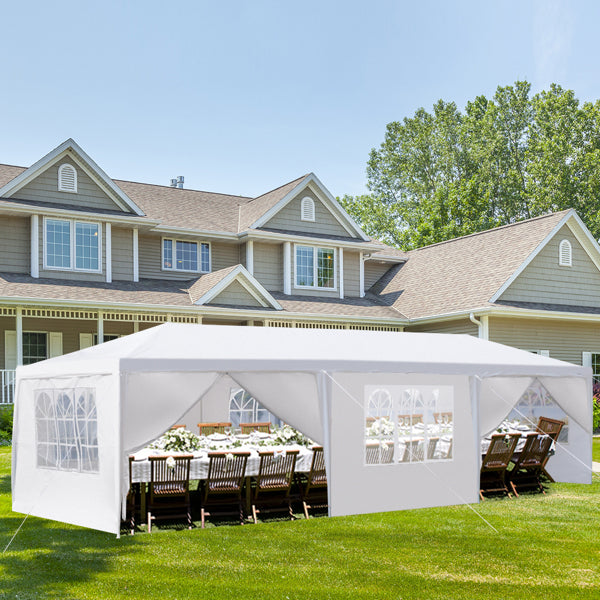 Tente de réception blanche 10'x30' avec 8 parois latérales amovibles, en tissu PE et structure en fer, gazebo d'extérieur imperméable avec fenêtres pour mariages, événements en plein air, abri de patio