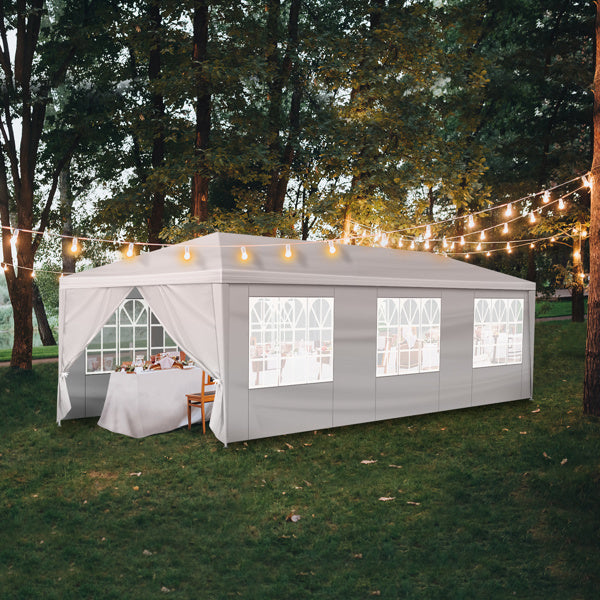 Tente de réception blanche 10'x30' avec 8 parois latérales amovibles, en tissu PE et structure en fer, gazebo d'extérieur imperméable avec fenêtres pour mariages, événements en plein air, abri de patio