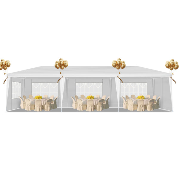 Tente de réception blanche 10'x30' avec 8 parois latérales amovibles, en tissu PE et structure en fer, gazebo d'extérieur imperméable avec fenêtres pour mariages, événements en plein air, abri de patio