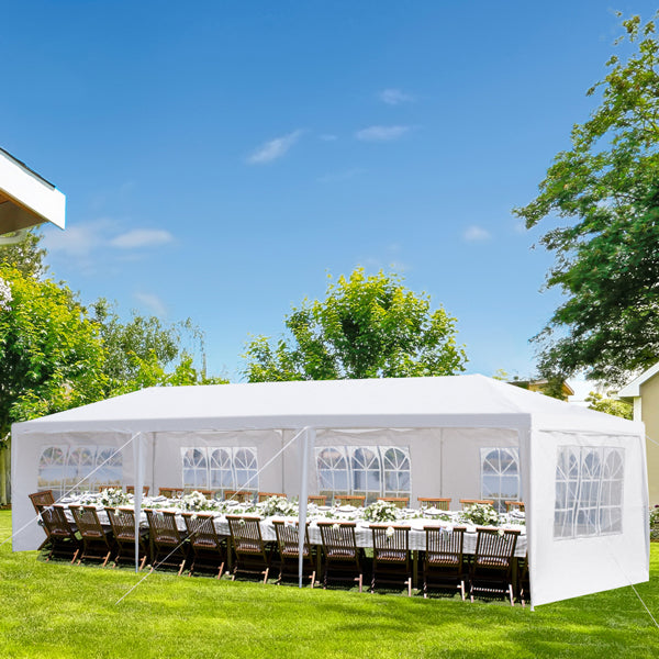 Tente de réception extérieure 10'x30', auvent imperméable avec 5 parois latérales amovibles et fenêtres de style église, grand gazebo pour mariage, anniversaire, barbecue en plein air, blanc