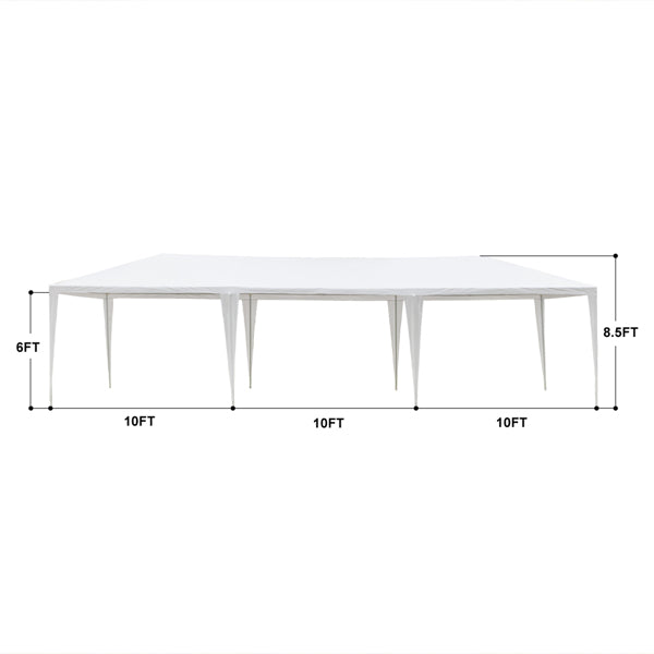 Tente de réception blanche 10'x30' avec 7 parois latérales amovibles, en tissu PE et structure en fer, abri de jardin imperméable avec fenêtres pour mariages, événements en extérieur, patios, ou comme abri commercial.