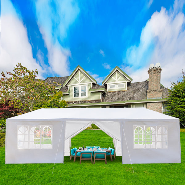 Tente de réception blanche 10'x30' avec 8 parois latérales amovibles, en tissu PE et structure en fer, gazebo d'extérieur imperméable avec fenêtres pour mariages, événements en plein air, abri de patio