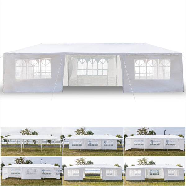 Tente de réception blanche 10'x30' avec 7 parois latérales amovibles, en tissu PE et structure en fer, abri de jardin imperméable avec fenêtres pour mariages, événements en extérieur, patios, ou comme abri commercial.
