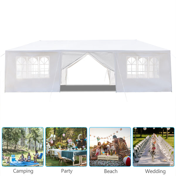 Tente de réception blanche 10'x30' avec 8 parois latérales amovibles, en tissu PE et structure en fer, gazebo d'extérieur imperméable avec fenêtres pour mariages, événements en plein air, abri de patio