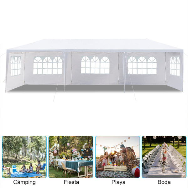 Tente de réception blanche 10'x30' avec 5 parois latérales amovibles, en tissu PE et structure en fer, imperméable et résistante aux UV, avec fenêtres, abri solaire de plage pour mariages, événements en extérieur, mar