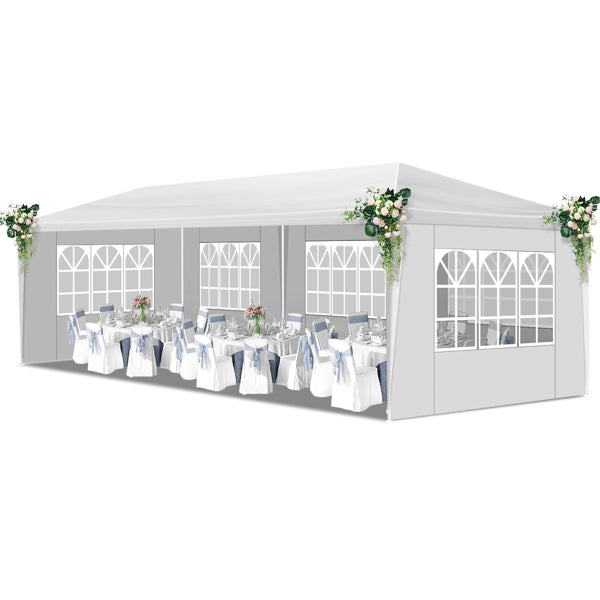 Tente de réception extérieure 10'x30', auvent imperméable avec 5 parois latérales amovibles et fenêtres de style église, grand gazebo pour mariage, anniversaire, barbecue en plein air, blanc