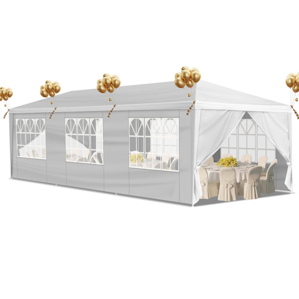 Tente de réception blanche 10'x30' avec 8 parois latérales amovibles, en tissu PE et structure en fer, gazebo d'extérieur imperméable avec fenêtres pour mariages, événements en plein air, abri de patio