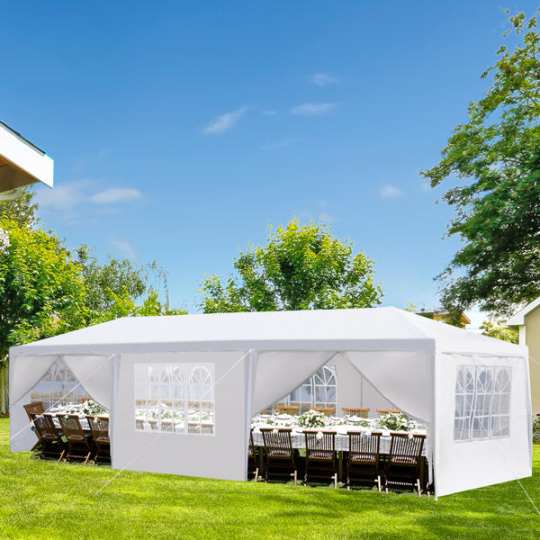 Tente de réception blanche 10'x30' avec 8 parois latérales amovibles, en tissu PE et structure en fer, gazebo d'extérieur imperméable avec fenêtres pour mariages, événements en plein air, abri de patio