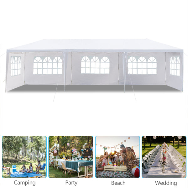 Tente de réception blanche 10'x30' avec 5 parois latérales amovibles, en tissu PE et structure en fer, imperméable et résistante aux UV, avec fenêtres, abri solaire de plage pour mariages, événements en extérieur, mar