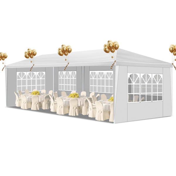 Tente de réception extérieure 10'x30', auvent imperméable avec 5 parois latérales amovibles et fenêtres de style église, grand gazebo pour mariage, anniversaire, barbecue en plein air, blanc
