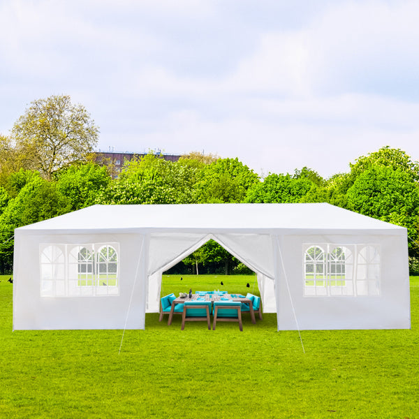 Tente de réception blanche 10'x30' avec 8 parois latérales amovibles, en tissu PE et structure en fer, gazebo d'extérieur imperméable avec fenêtres pour mariages, événements en plein air, abri de patio