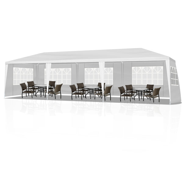 Tente de réception blanche 10'x30' avec 5 parois latérales amovibles, en tissu PE et structure en fer, imperméable et résistante aux UV, avec fenêtres, abri solaire de plage pour mariages, événements en extérieur, mar