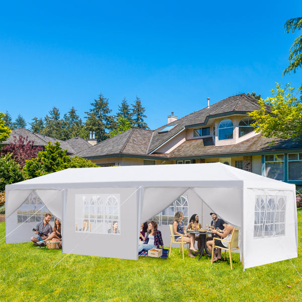 Tente de réception blanche 10'x30' avec 8 parois latérales amovibles, en tissu PE et structure en fer, gazebo d'extérieur imperméable avec fenêtres pour mariages, événements en plein air, abri de patio