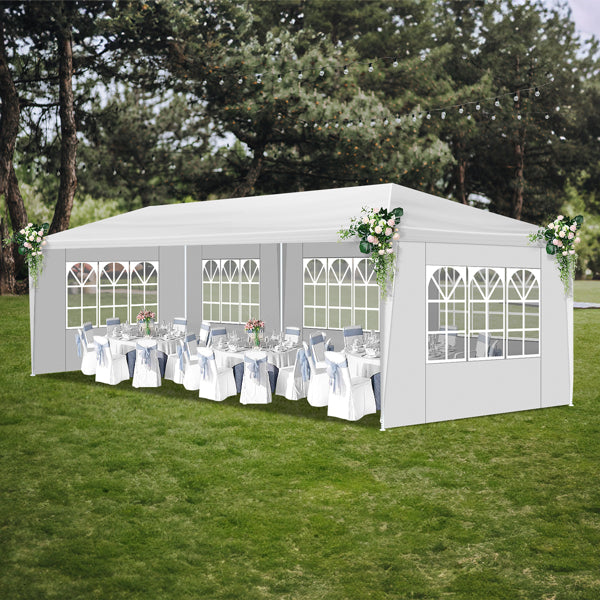 Tente de réception extérieure 10'x30', auvent imperméable avec 5 parois latérales amovibles et fenêtres de style église, grand gazebo pour mariage, anniversaire, barbecue en plein air, blanc