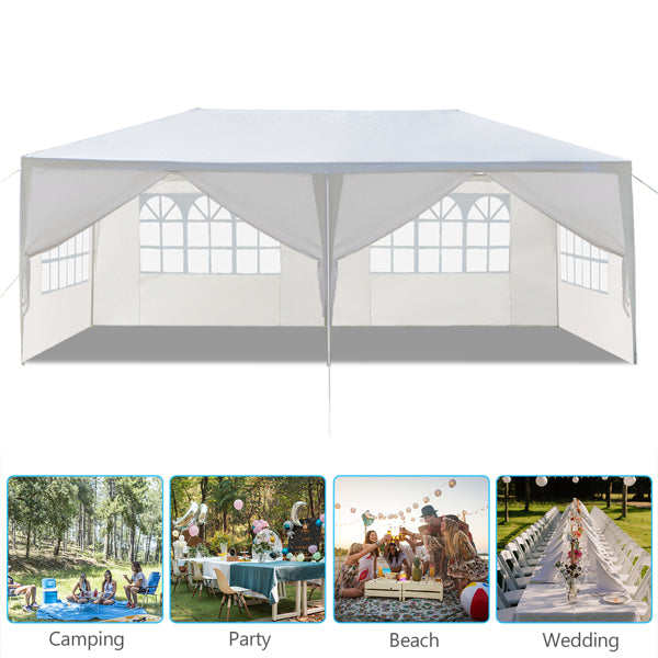 Tente de réception blanche 10'x20' avec 6 parois latérales amovibles, en tissu PE et structure en fer, gazebo d'extérieur imperméable avec fenêtres pour mariages, événements en plein air, abri de patio, usage commercia