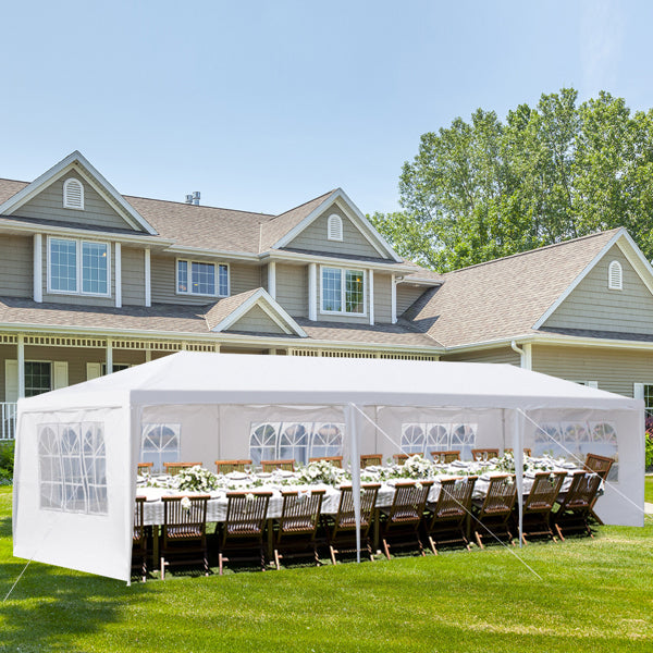 10'x30' White Canopy Tent with 5 Removable Sidewalls, PE Fabric & Iron Frame, Waterproof UV-Resistant Outdoor Party Gazebo with Windows, Beach Sun Shade Shelter for Wedding, Backyard Events, Commercial Market