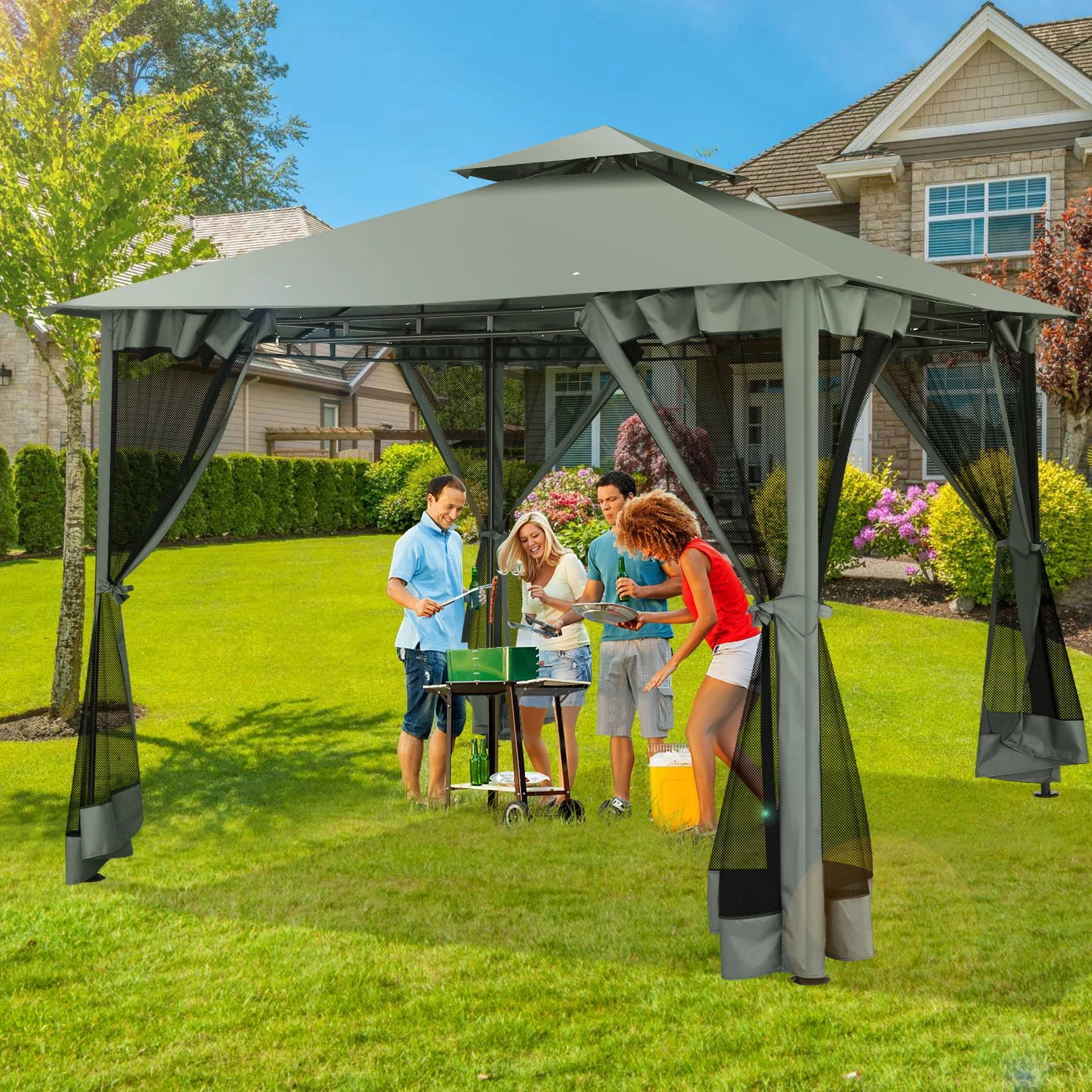 10×10 Gazebo with Cold-Proof Curtains Nettings,Heavy Duty Gazebo Double Roof with Metal Frame,Tents for Patio, Deck,Backyard