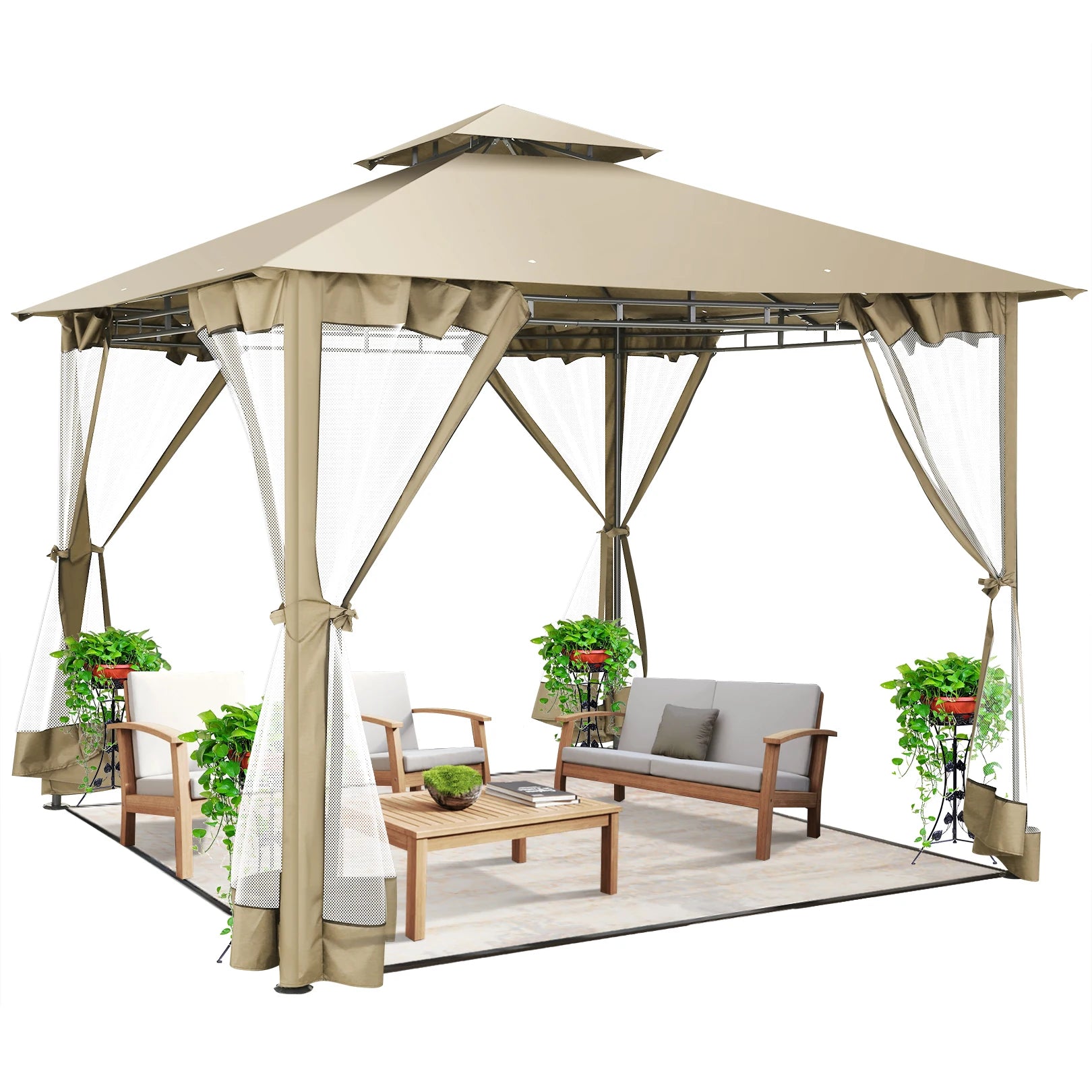 10×10 Gazebo with Cold-Proof Curtains Nettings,Heavy Duty Gazebo Double Roof with Metal Frame,Tents for Patio, Deck,Backyard
