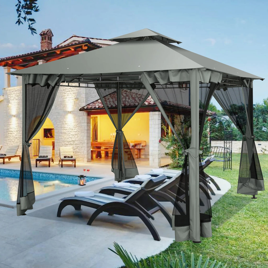 10×10 Gazebo with Cold-Proof Curtains Nettings,Heavy Duty Gazebo Double Roof with Metal Frame,Tents for Patio, Deck,Backyard