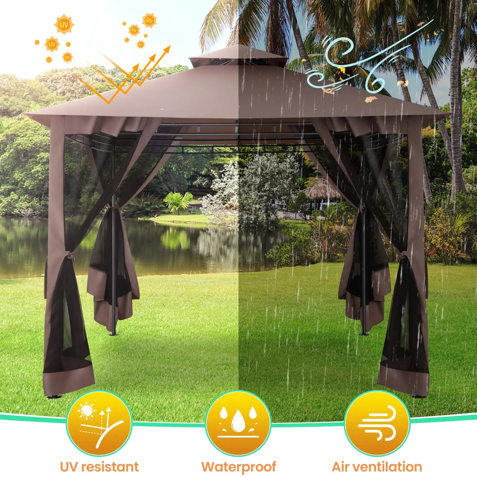 10×10 Gazebo with Cold-Proof Curtains Nettings,Heavy Duty Gazebo Double Roof with Metal Frame,Tents for Patio, Deck,Backyard