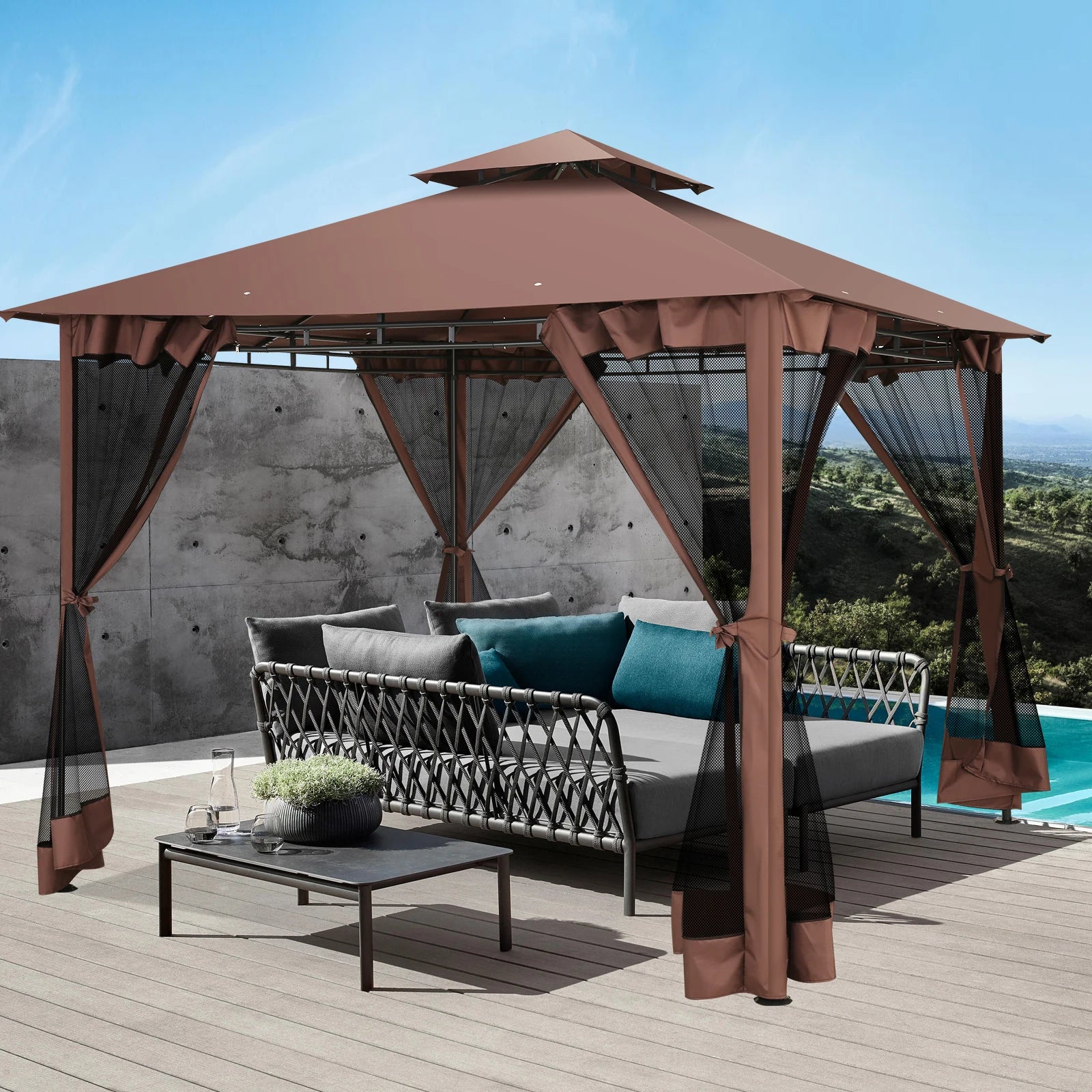 10×10 Gazebo with Cold-Proof Curtains Nettings,Heavy Duty Gazebo Double Roof with Metal Frame,Tents for Patio, Deck,Backyard