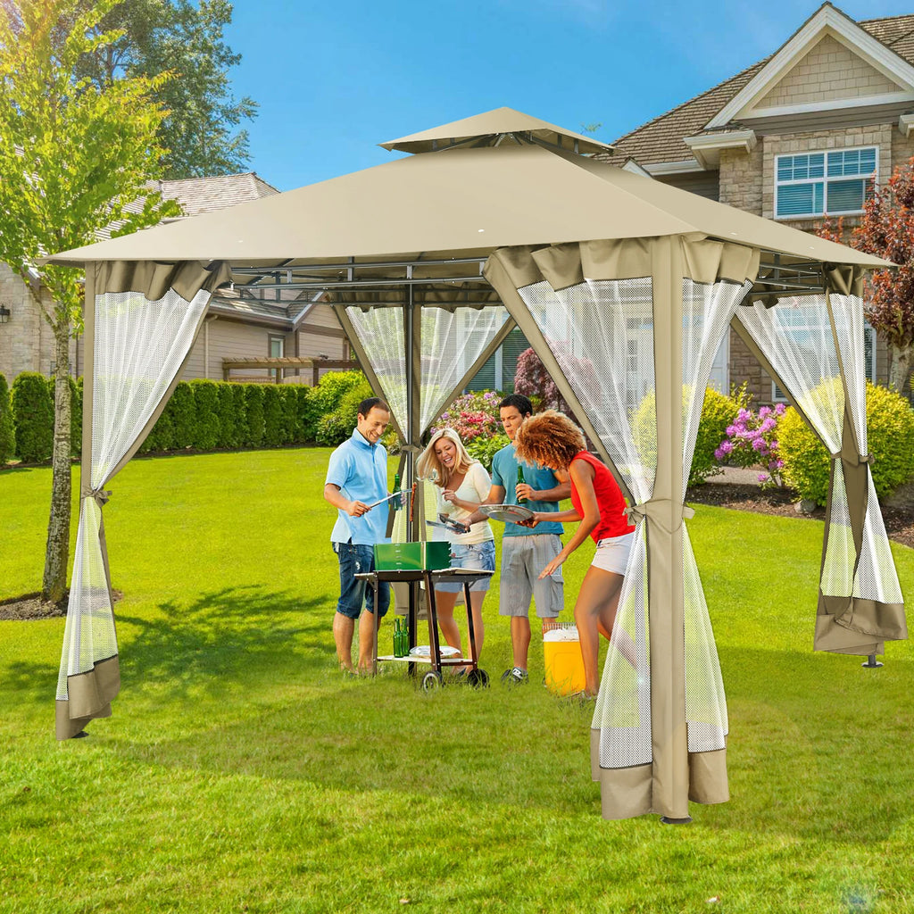 10×10 Gazebo with Cold-Proof Curtains Nettings,Heavy Duty Gazebo Double Roof with Metal Frame,Tents for Patio, Deck,Backyard