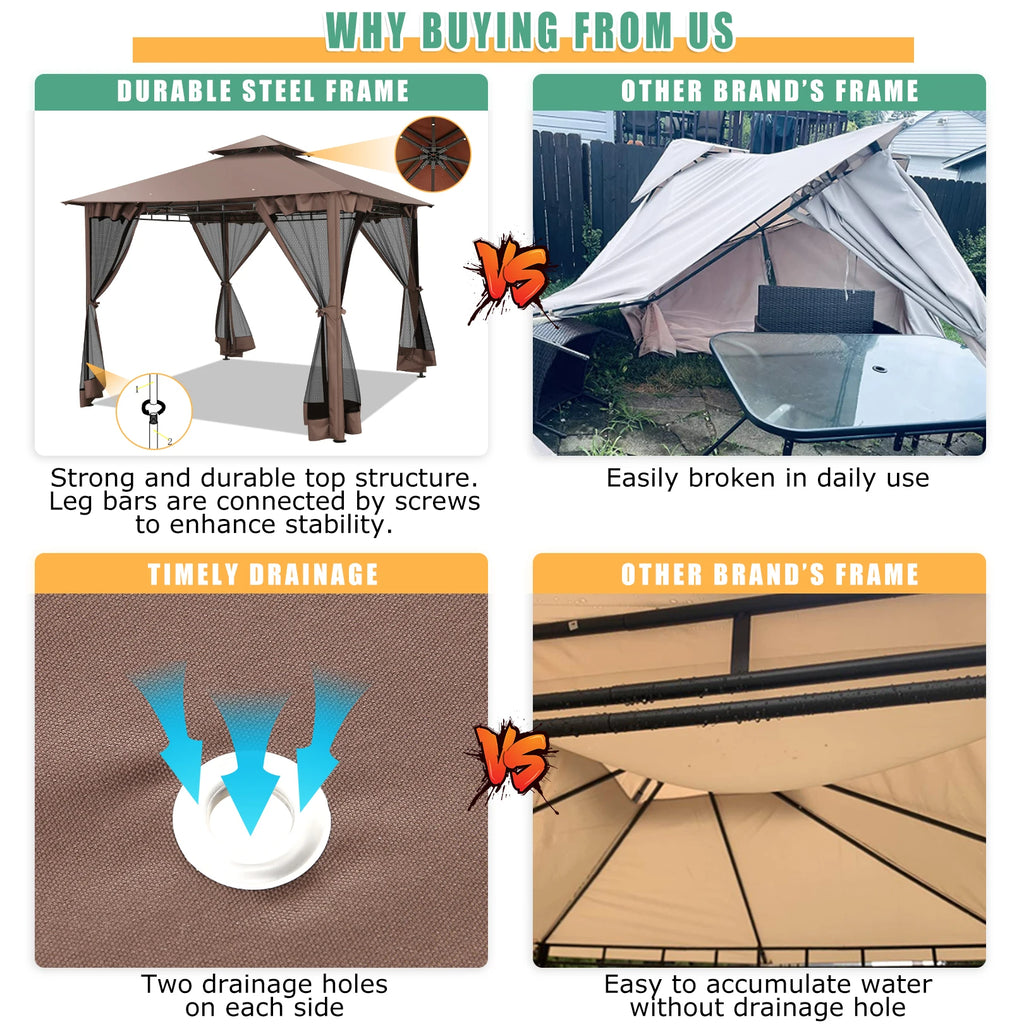 10×10 Gazebo with Cold-Proof Curtains Nettings,Heavy Duty Gazebo Double Roof with Metal Frame,Tents for Patio, Deck,Backyard