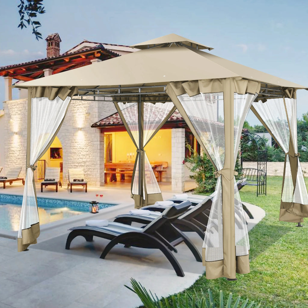 10×10 Gazebo with Cold-Proof Curtains Nettings,Heavy Duty Gazebo Double Roof with Metal Frame,Tents for Patio, Deck,Backyard