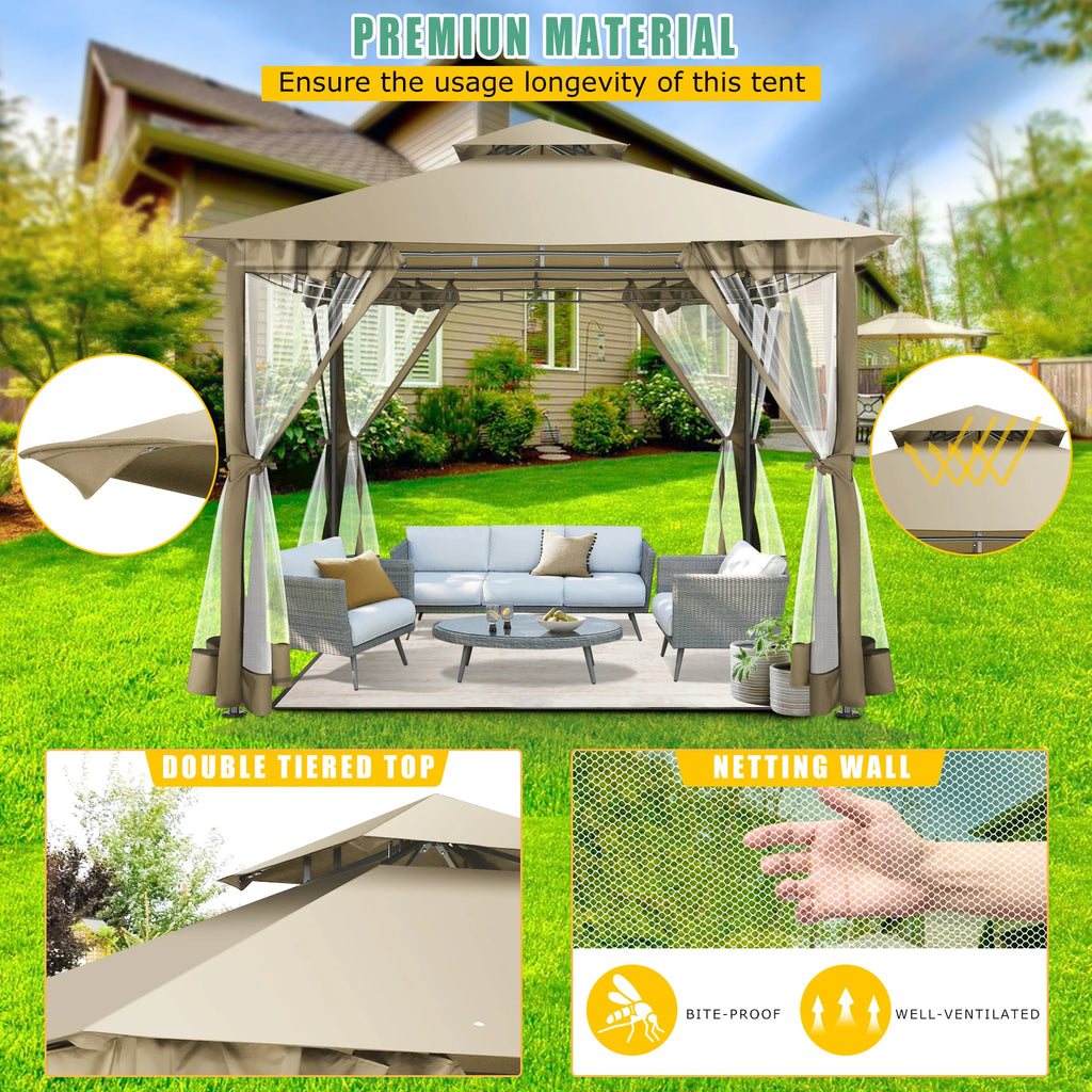 10×10 Gazebo with Cold-Proof Curtains Nettings,Heavy Duty Gazebo Double Roof with Metal Frame,Tents for Patio, Deck,Backyard