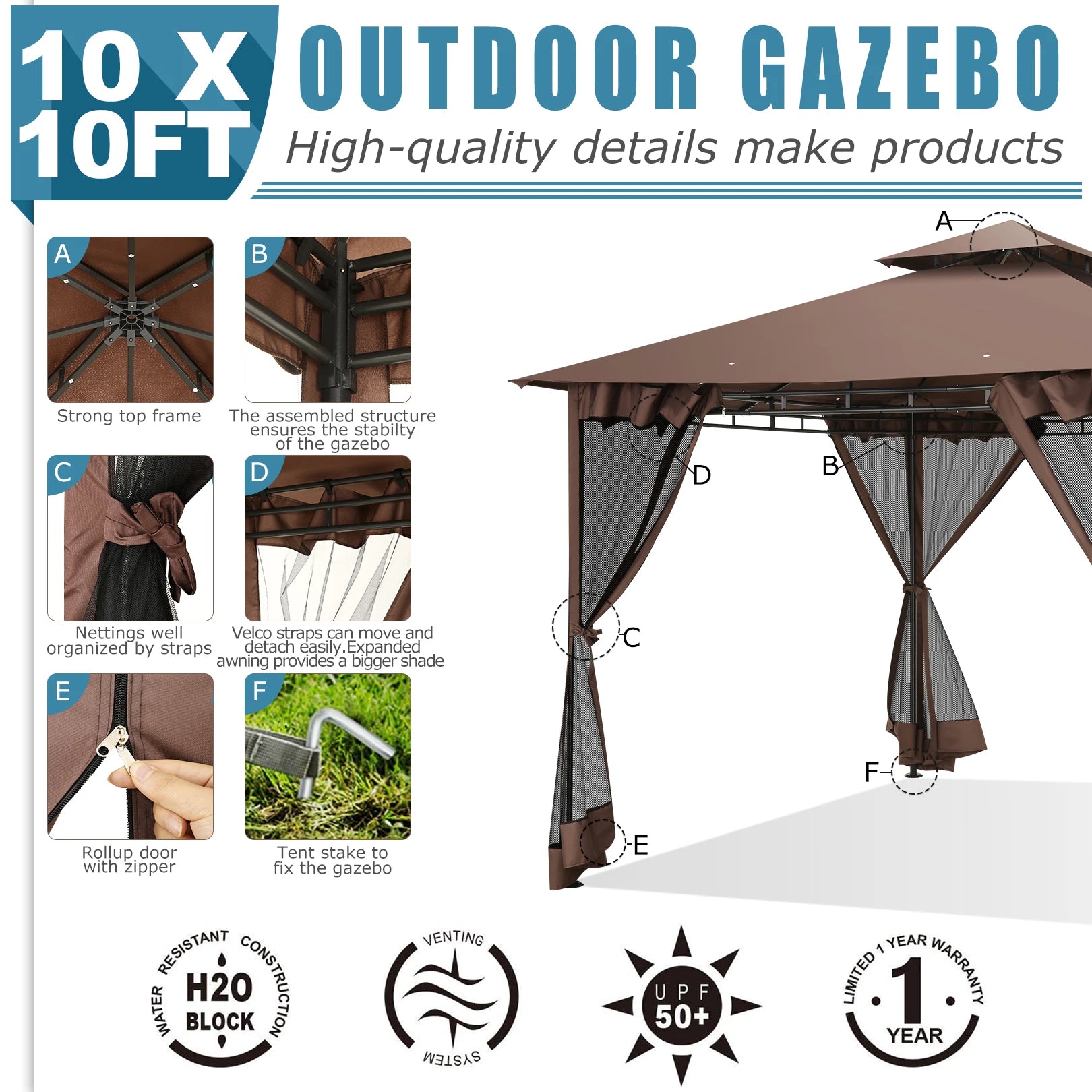 10×10 Gazebo with Cold-Proof Curtains Nettings,Heavy Duty Gazebo Double Roof with Metal Frame,Tents for Patio, Deck,Backyard