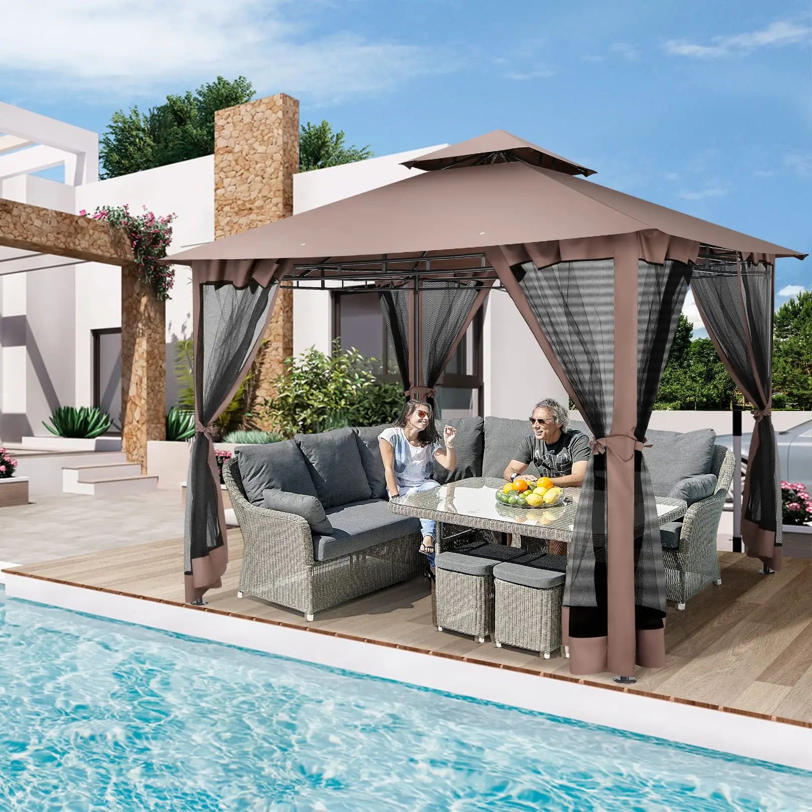 10×10 Gazebo with Cold-Proof Curtains Nettings,Heavy Duty Gazebo Double Roof with Metal Frame,Tents for Patio, Deck,Backyard