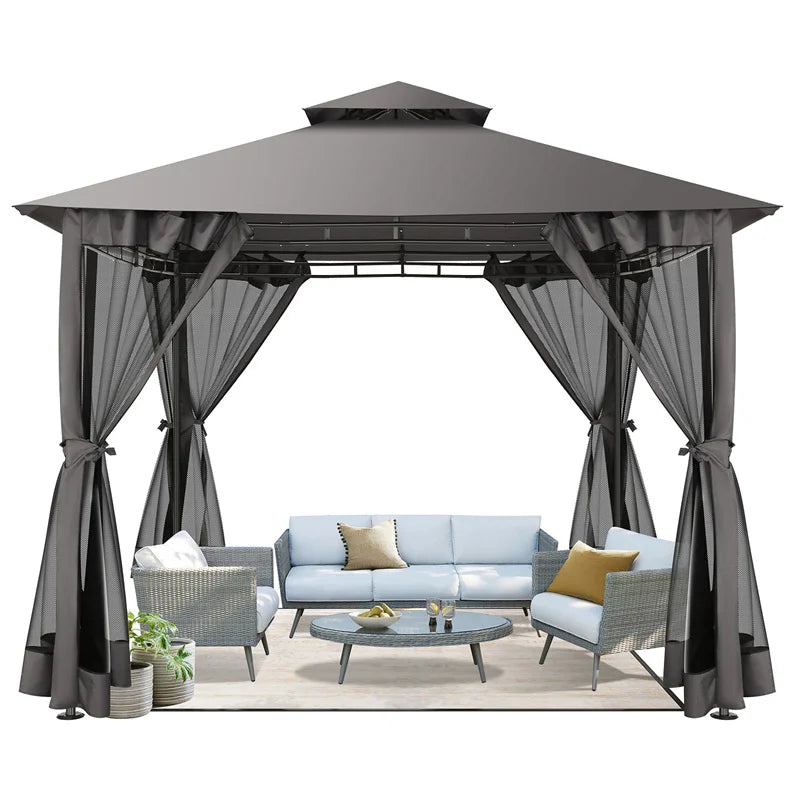 10×10 Gazebo with Cold-Proof Curtains Nettings,Heavy Duty Gazebo Double Roof with Metal Frame,Tents for Patio, Deck,Backyard