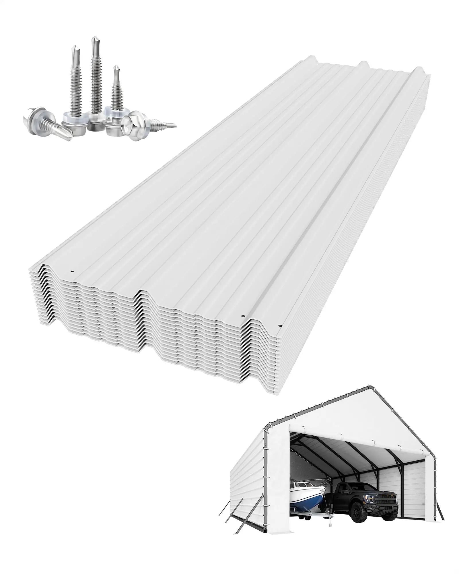 Roofing Panels for Metal Carport 20x25 ft, 20x20 ft, Heavy Duty Metal Carport Kits, 27 Ga. Galvanized Steel Ribbed Panels, 60.23 in x 19.68 in, 16 Pcs, White