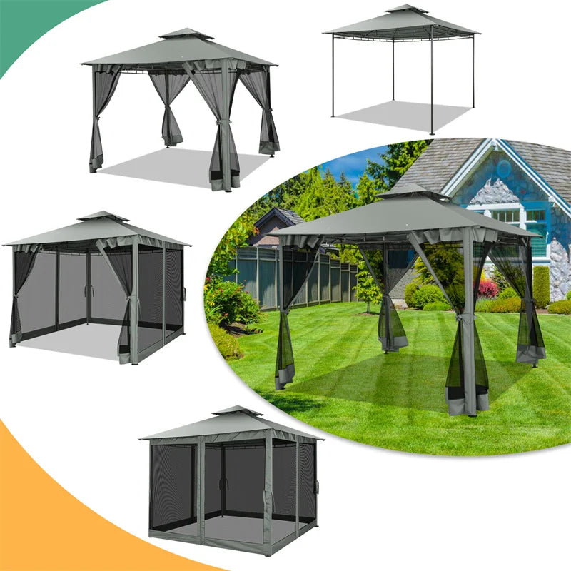 10×10 Gazebo with Cold-Proof Curtains Nettings,Heavy Duty Gazebo Double Roof with Metal Frame,Tents for Patio, Deck,Backyard