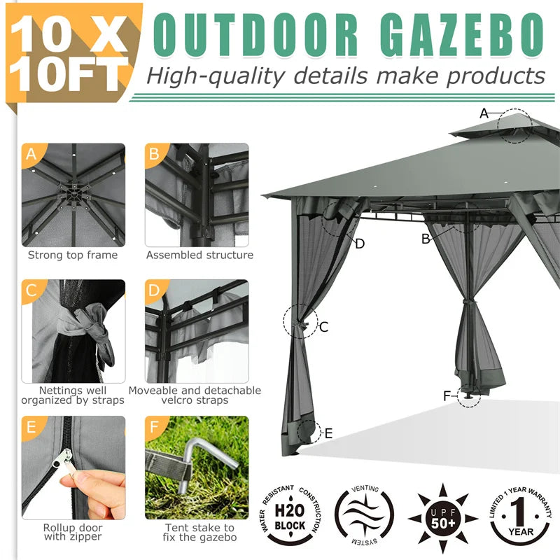 10×10 Gazebo with Cold-Proof Curtains Nettings,Heavy Duty Gazebo Double Roof with Metal Frame,Tents for Patio, Deck,Backyard