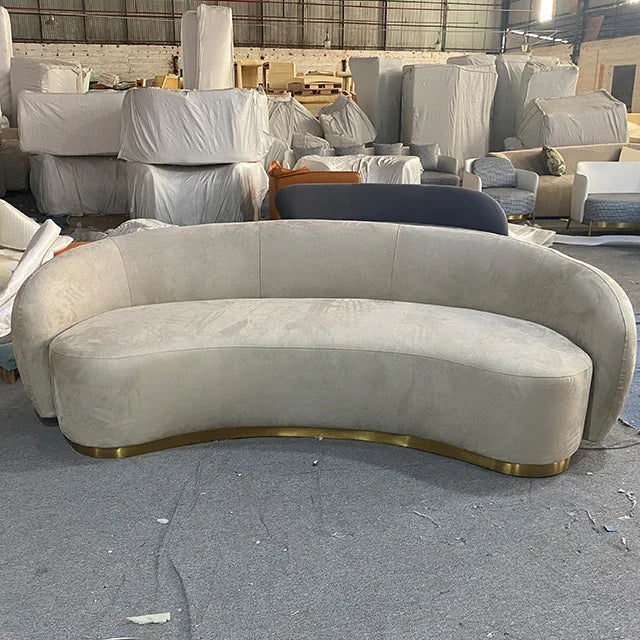 Modern Living Room Sofa Set Soft Velvet Curved Sofa With Brushed Gold Metal Base