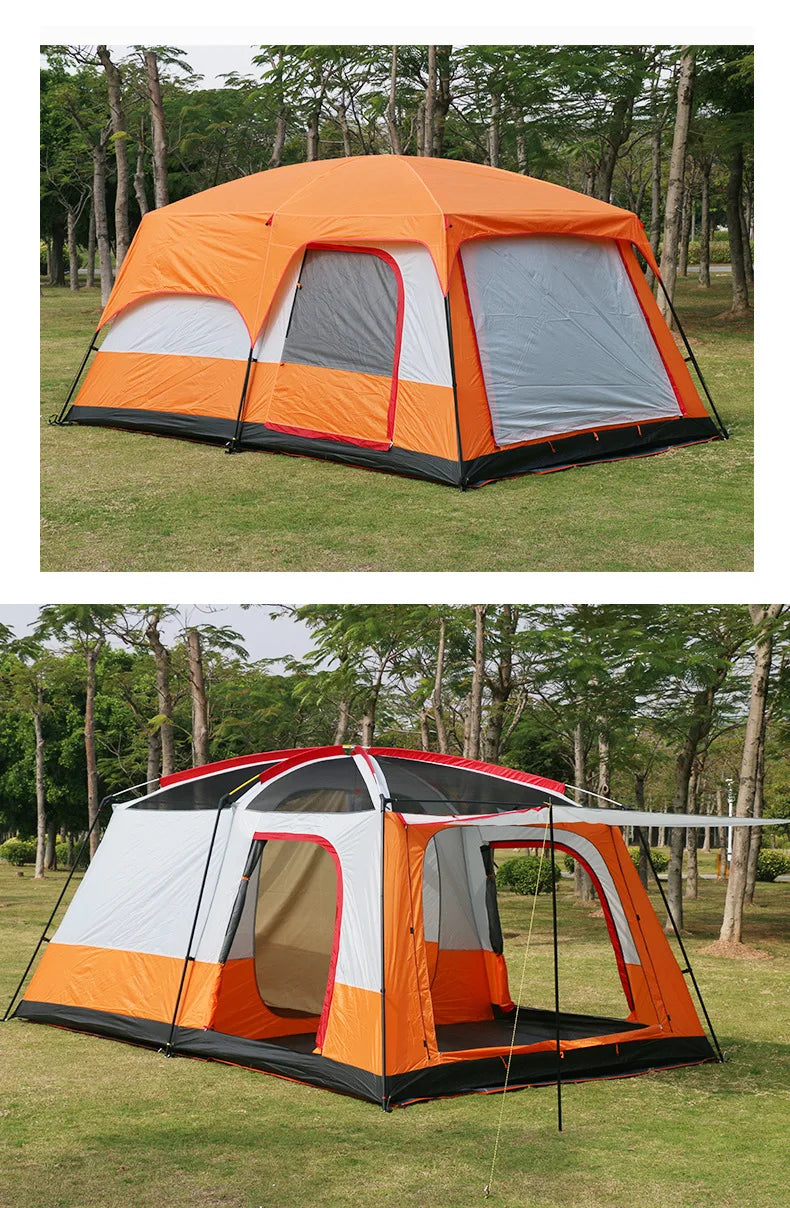 4/8/12-person outdoor family camping tent with a removable awning; spacious interior accommodates multiple people; multiple mesh windows provide ventilation and keep out mosquitoes; windproof, waterproof, and UV-resistant; su
