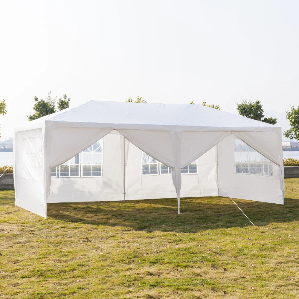 Tente de réception blanche 10'x20' avec 6 parois latérales amovibles, en tissu PE et structure en fer, gazebo d'extérieur imperméable avec fenêtres pour mariages, événements en plein air, abri de patio, usage commercia