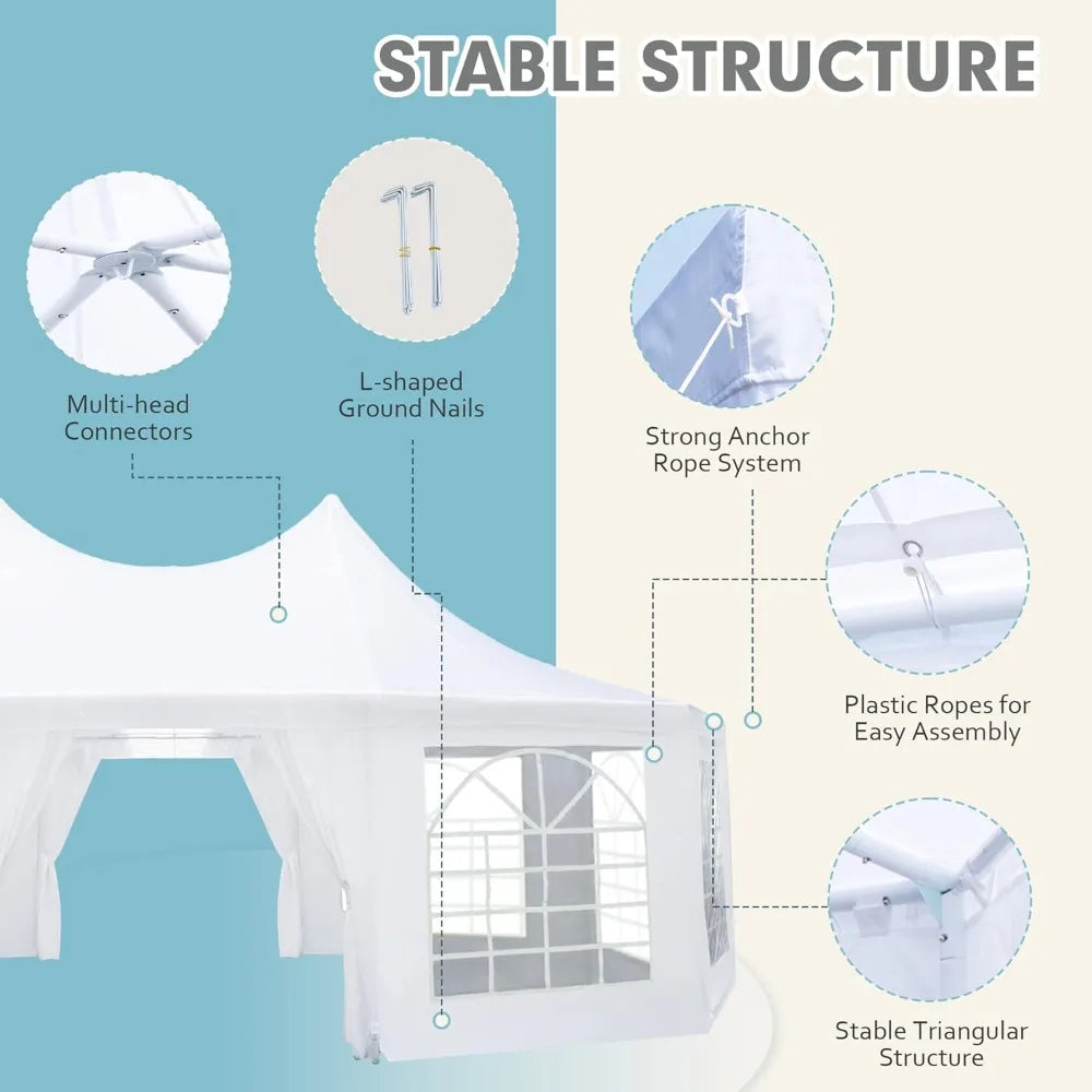 26'x19' Party Tent, White Wedding Tent, Decagonal Heavy Duty Canopy with 8 Removable Sidewalls, 8 Church Windows and 2 Pull-Bac