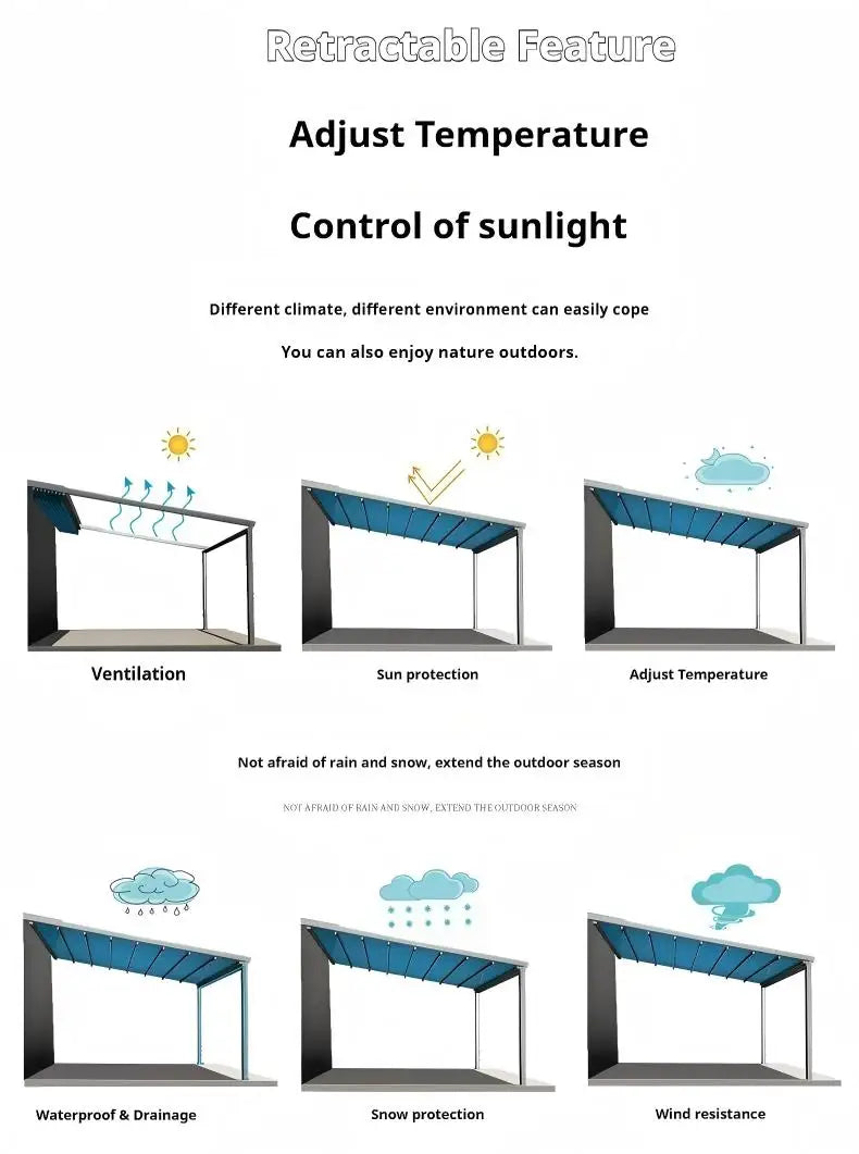 Electric Retractable Awning PVC Folding Canopy Motorized Sunshade Waterproof Patio Roof Cover Aluminum Pergola Outdoor Shelter