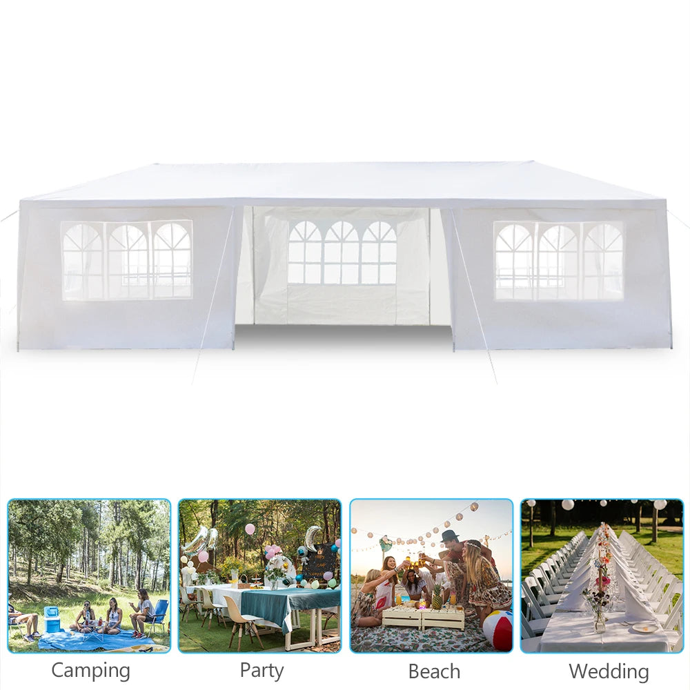 Tente de réception blanche 10'x30' avec 7 parois latérales amovibles, en tissu PE et structure en fer, abri de jardin imperméable avec fenêtres pour mariages, événements en extérieur, patios, ou comme abri commercial.
