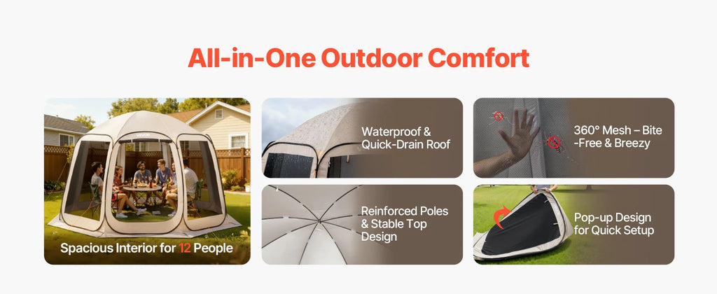 Pop-up Screen House Tent, 12 x 11 ft (approx. 3.7 x 3.4 m), screen gazebo for 10–12 people with extended awning, portable screened enclosure with carry bag and mesh walls, ideal for patios, backyards and outdoor activities