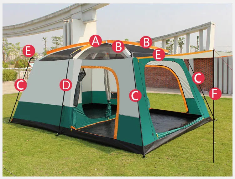 430/380/320cm Camping Tent 5-8-12 Person 3 Sizes Two-bedroom Tent Oversize Leisure Double-plies Rainproof Outdoor Family Tents